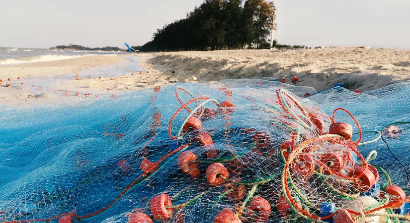 fishing nets washed up on a beach
