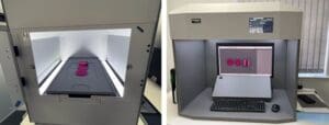 The DigiEye system showing its controlled imaging chamber and calibrated display used for precise colour analysis of small and medium components.