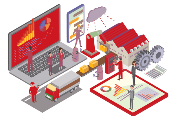 An graphic of a factory and laptop designed to show the different elements behind a factory oporation.