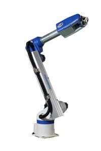 Blue‑and‑silver Shibaura Machine TVM1500 industrial robotic arm with visible multi‑axis joints, black control cabling along the arm, and a white base with a blue band, shown in a clean manufacturing environment.