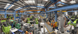 A spacious manufacturing hall filled with green injection moulding machines, organised workstations, and operators working along marked safety walkways.