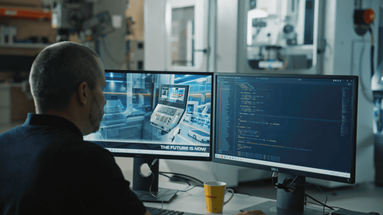 User sat in front of pc screens with code visible