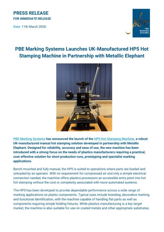 PBE launches HP5 Hot Stamping Machine press release cover